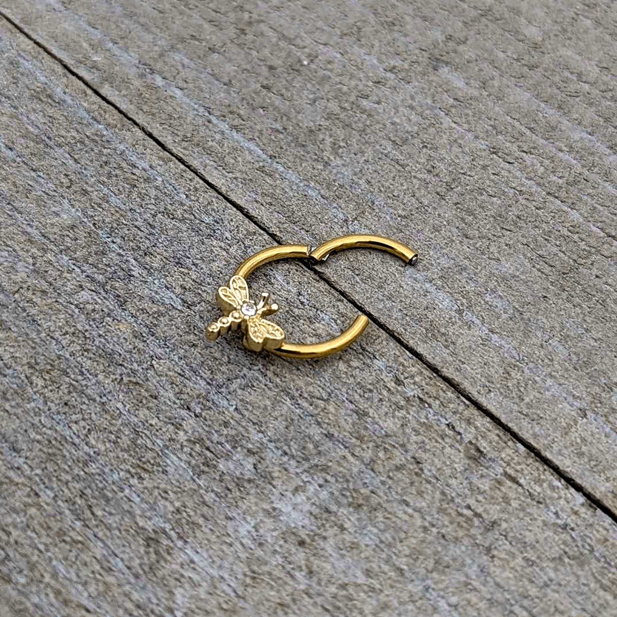 16G 3/8 Clear Gem Gold Tone Flying Dragonfly Hinged Segment Ring
