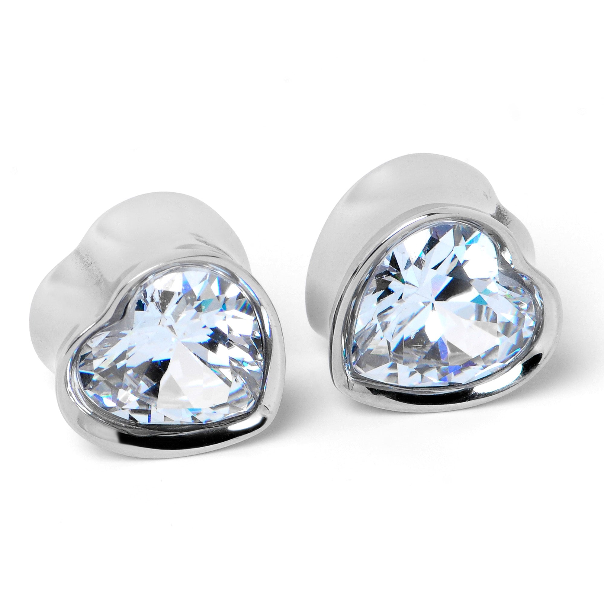 Stainless Steel CZ Gem Heart In Heart Double Flare Plug Set 8mm to 16mm