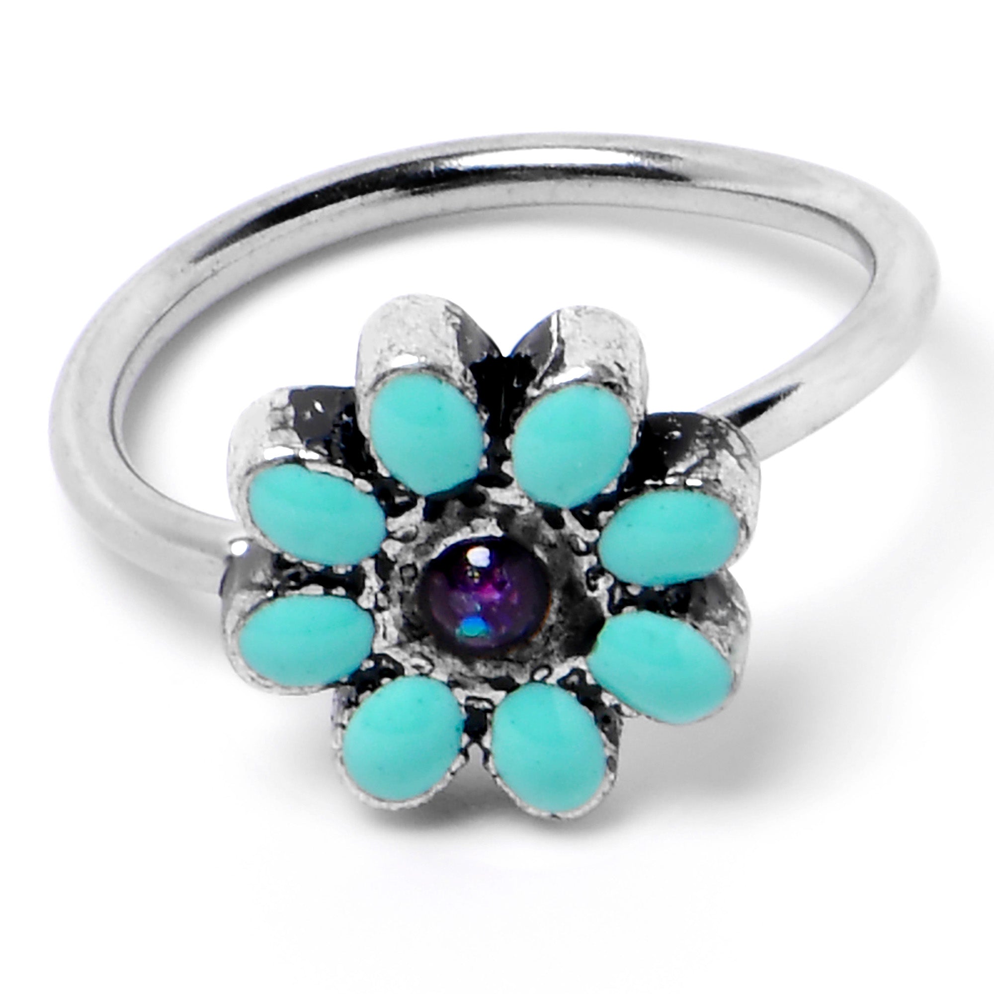 20G 5/16 Blue Gem Flower Teal Petals Nose Hoop