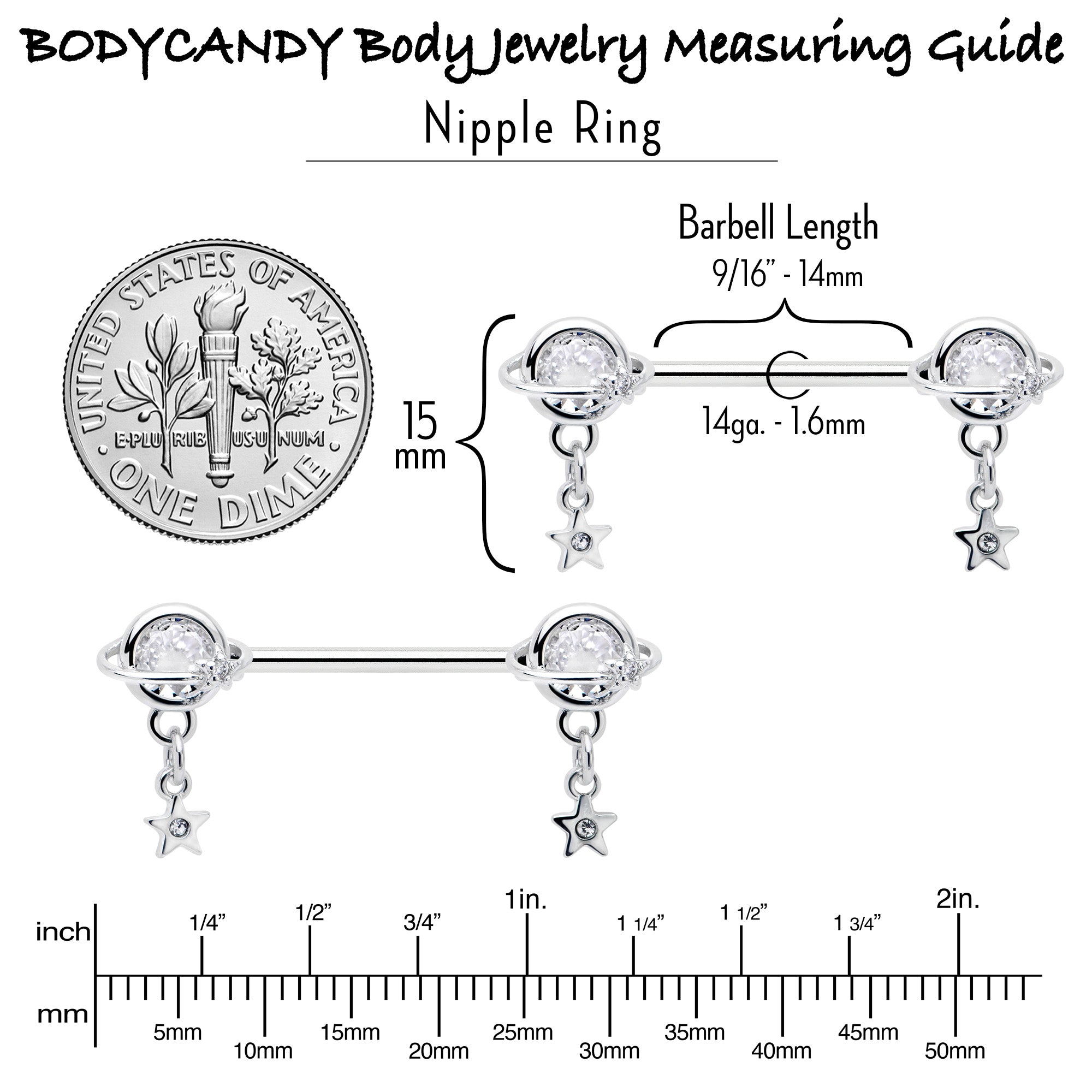 14G 9/16 Clear CZ Gem Starry Saturn Dangle Nipple Ring Set