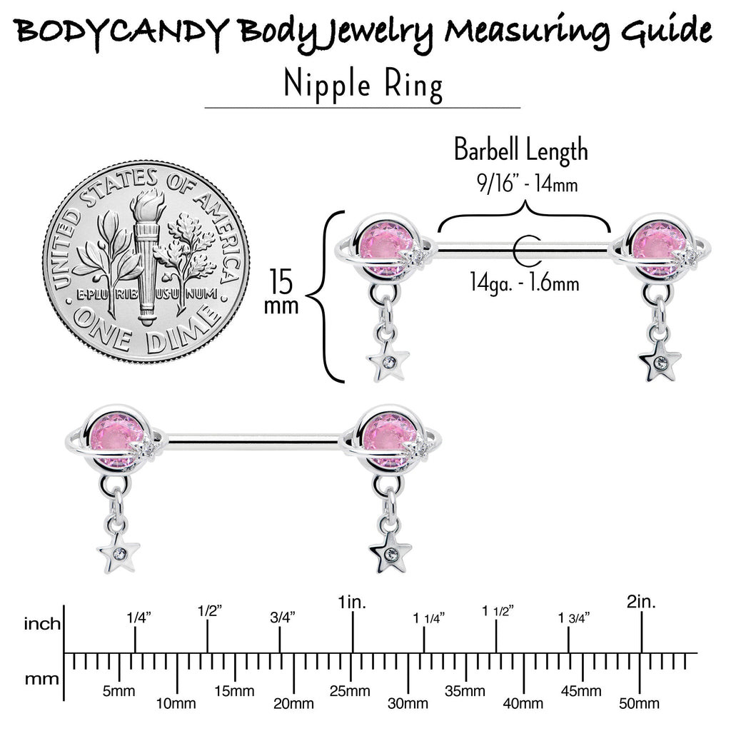 14G 9/16 Pink CZ Gem Starry Saturn Dangle Nipple Ring Set