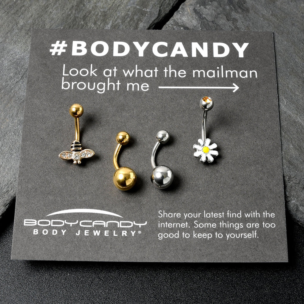 Clear Yellow Gem Gold Tone Bee Flower Belly Ring Set of 4