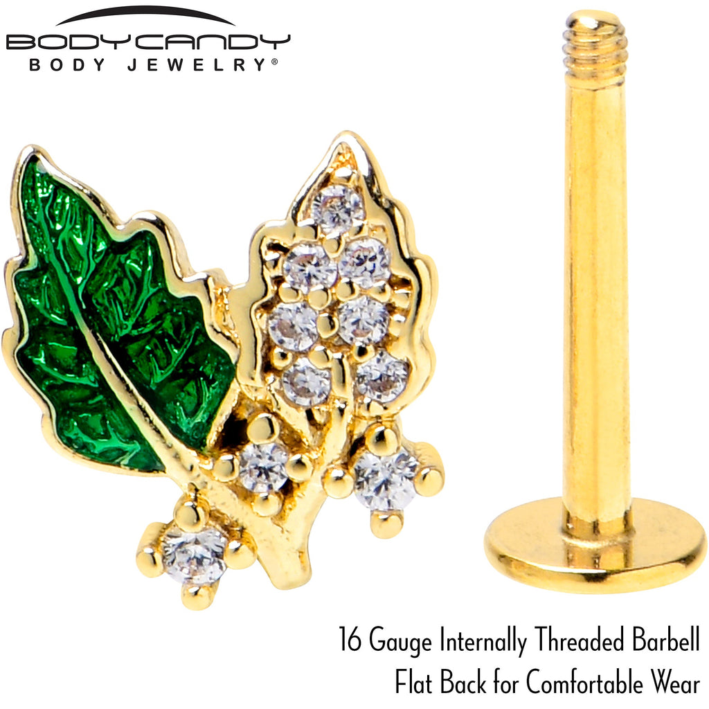 16G 5/16 Clear CZ Gem Gold Tone Leafy Beauty Labret Monroe Tragus
