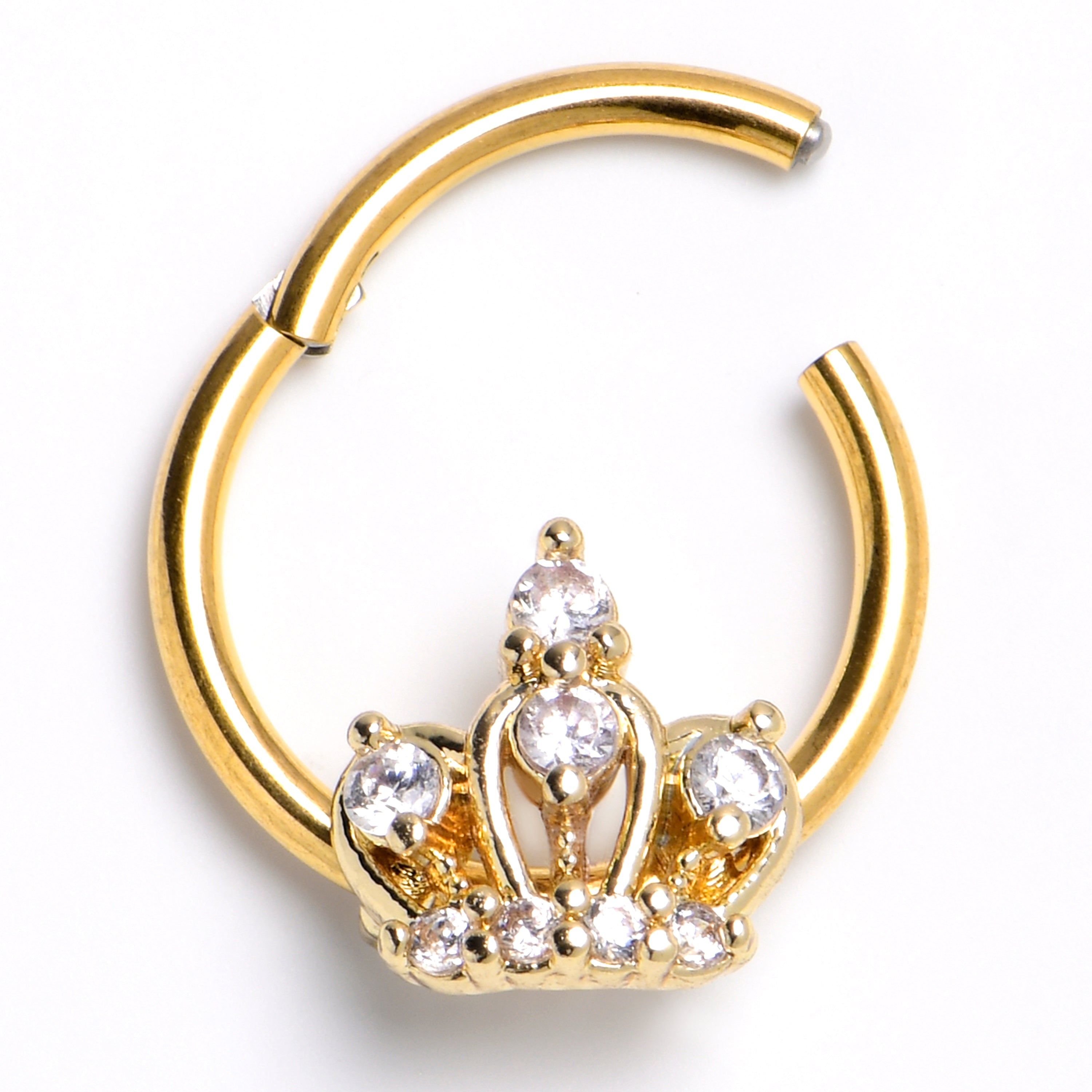 16G 3/8 Clear CZ Gem Gold Tone Epic Crown Hinged Segment Ring