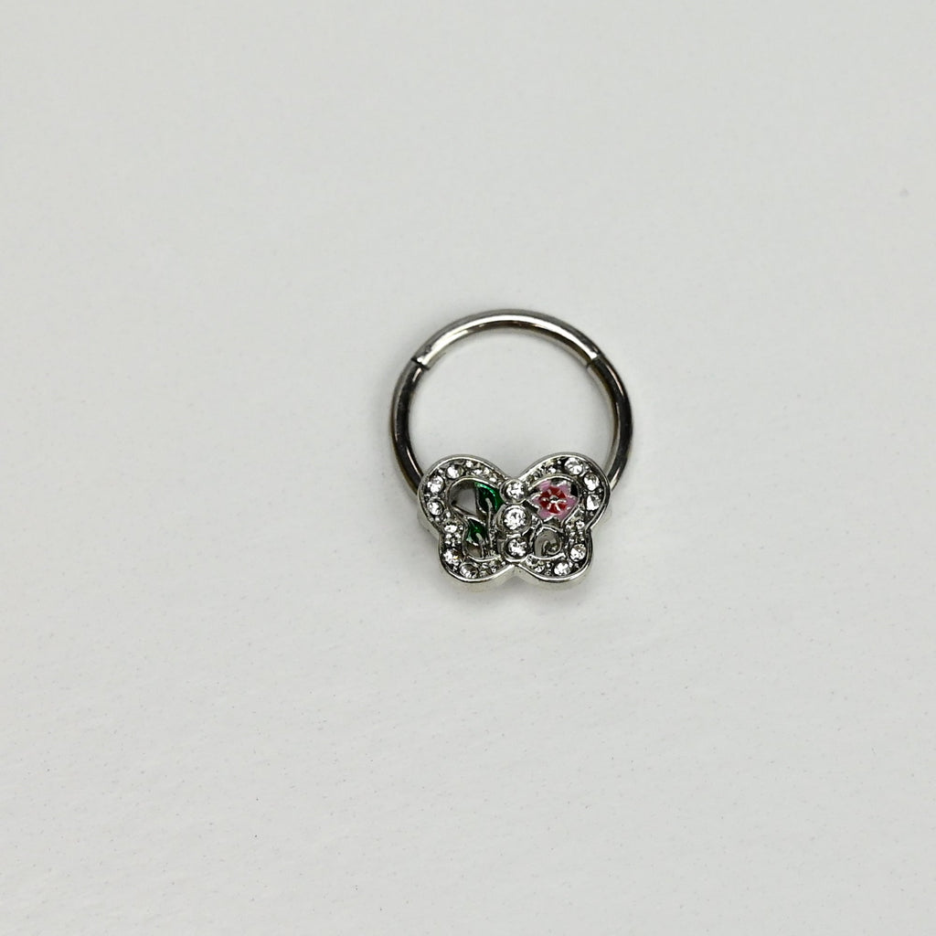 16G 3/8 Clear Pink Gem Floral Butterfly Style Hinged Segment Ring