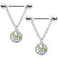 14G 9/16 Clear Gem Cat Yellow Flowers Chain Dangle Nipple Ring Set