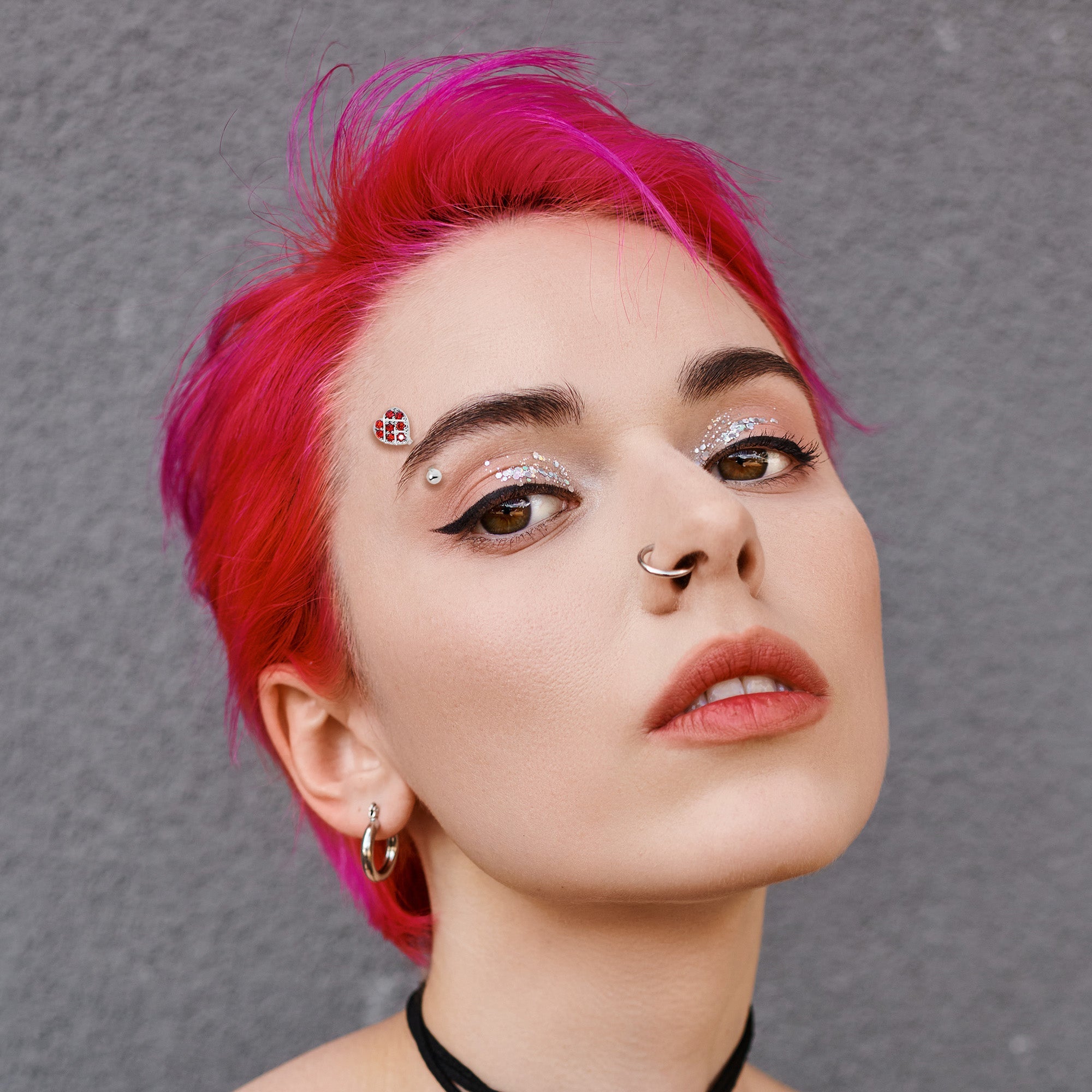 16G 5/16 Red Gem Lattice Heart Curved Eyebrow Ring