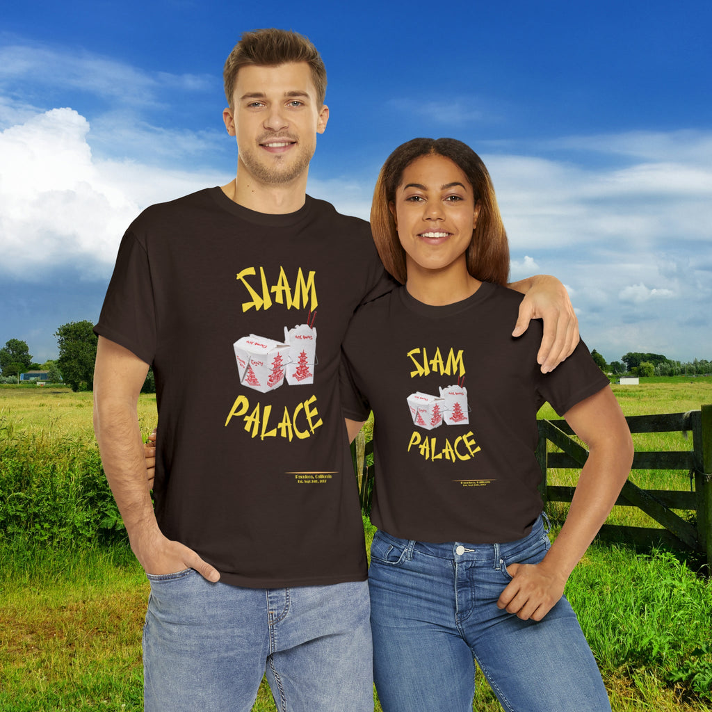 "DirkyThreadz Siam Palace T-Shirt – Mutiges Take-out-Grafikdesign aus schwarzer Baumwolle"