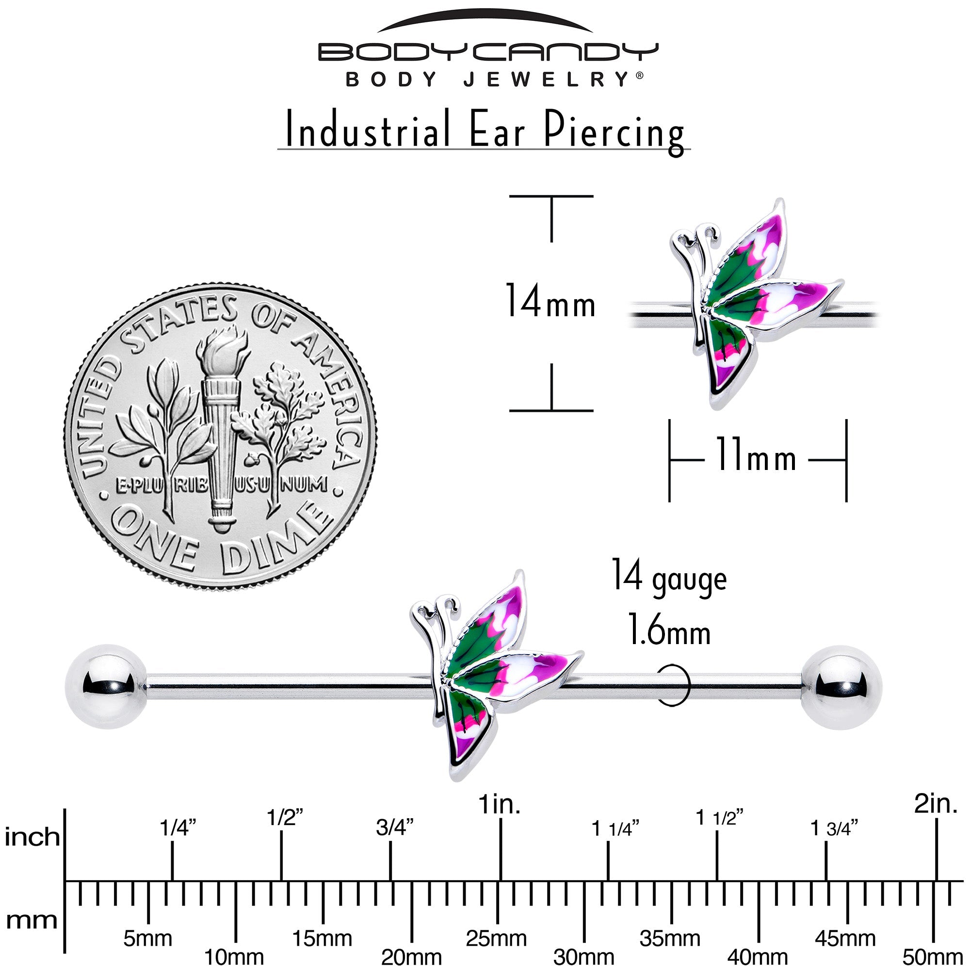 14G Profile Butterfly Industrial Barbell 38mm