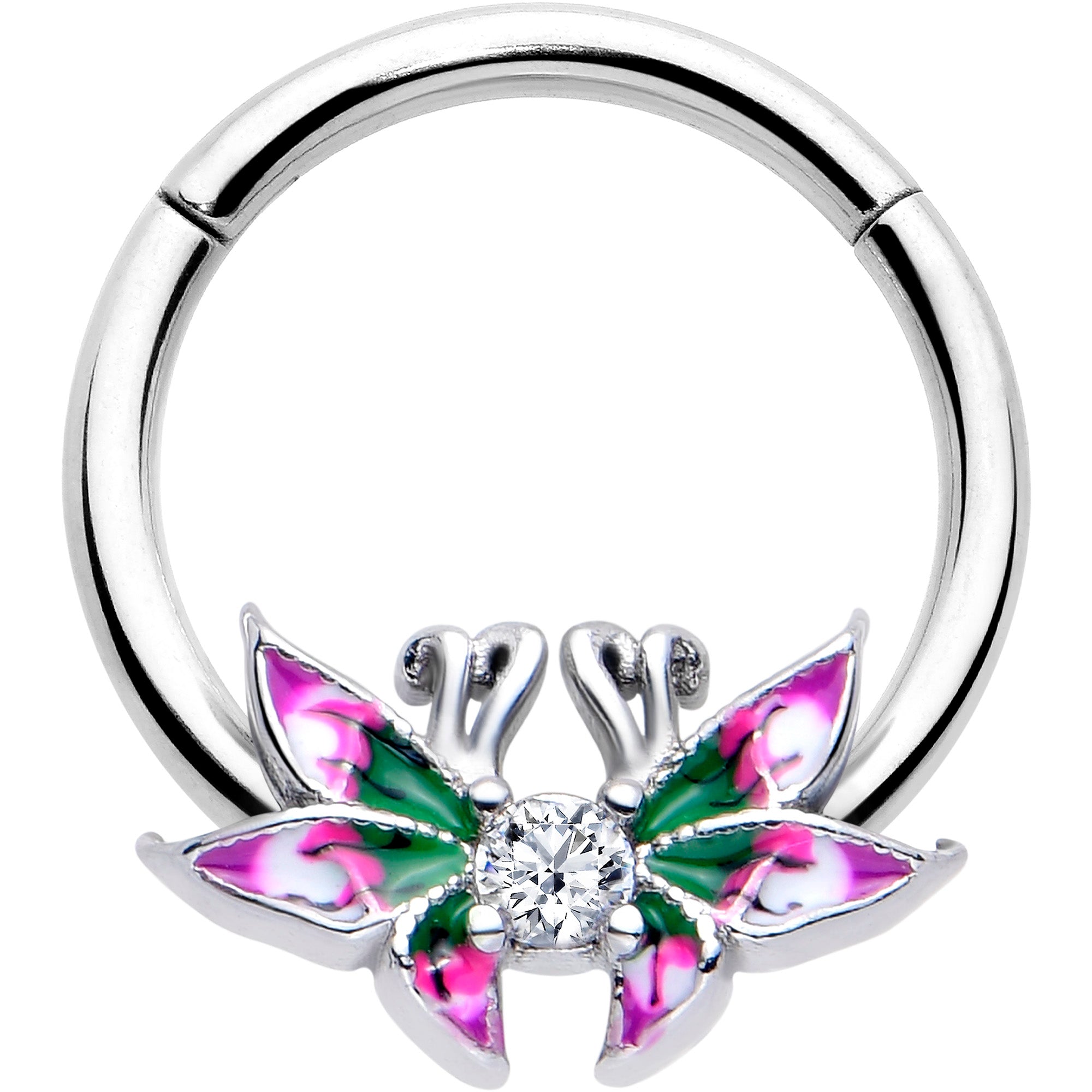 16G 3/8 Clear CZ Gem Profile Butterflies Hinged Segment Ring