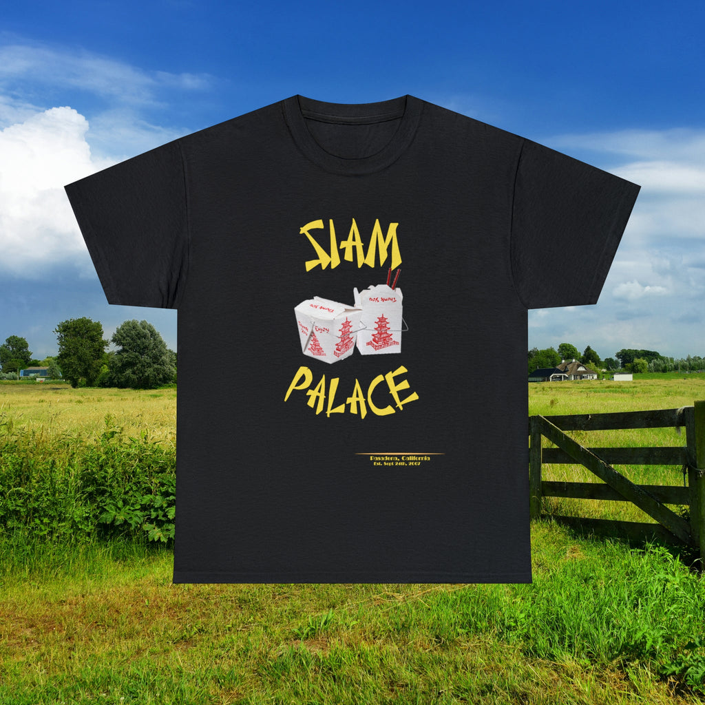 "DirkyThreadz Siam Palace T-Shirt – Mutiges Take-out-Grafikdesign aus schwarzer Baumwolle"