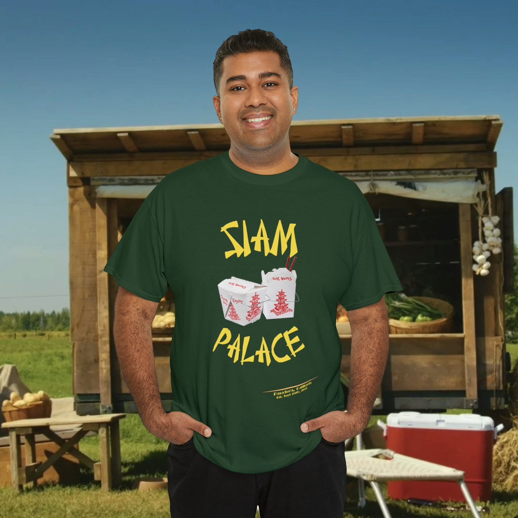 "DirkyThreadz Siam Palace T-Shirt – Mutiges Take-out-Grafikdesign aus schwarzer Baumwolle"
