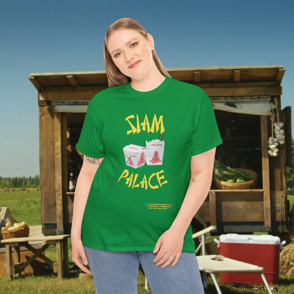 "DirkyThreadz Siam Palace T-Shirt – Mutiges Take-out-Grafikdesign aus schwarzer Baumwolle"
