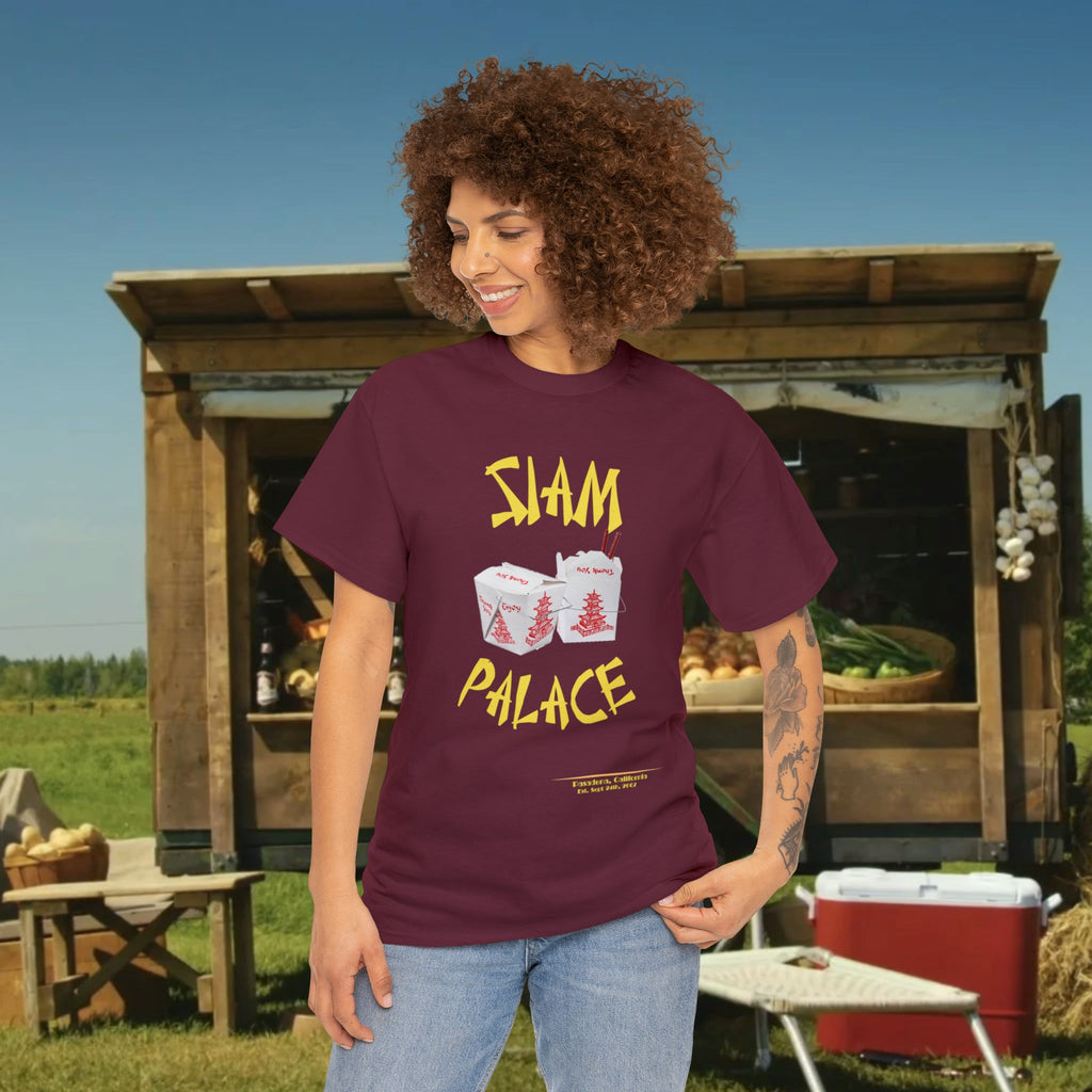 "DirkyThreadz Siam Palace T-Shirt – Mutiges Take-out-Grafikdesign aus schwarzer Baumwolle"