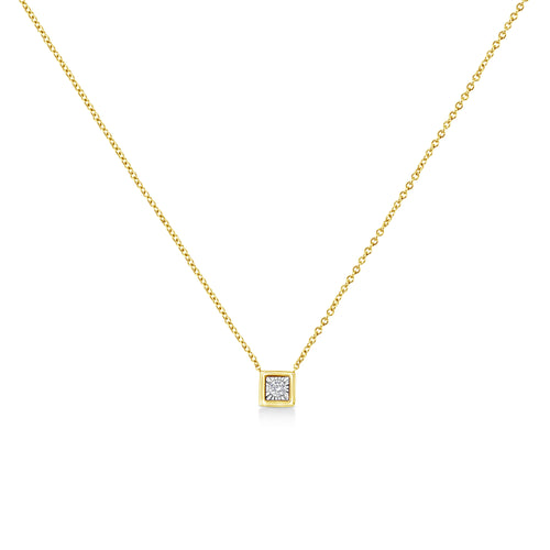 10K Yellow Gold Plated .925 Sterling Silver 1/10 Cttw Miracle Set Round Diamond Square Box Shape 18" Pendant Necklace (K-L Color, I2-I3 Clarity)