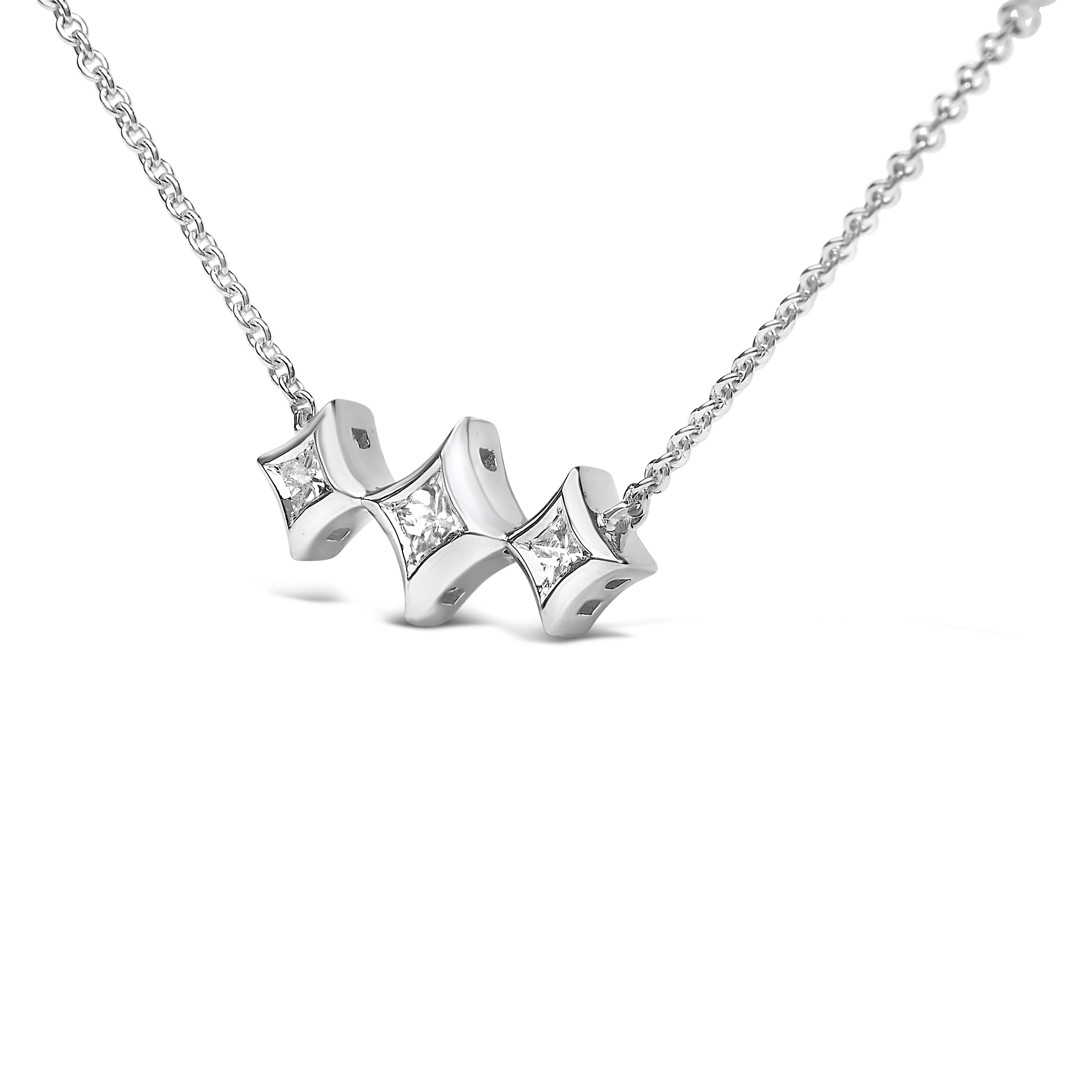10K White Gold Bezel Set Princess Diamond 3 Stone Kite Shape and Station Necklace (H-I Color, SI2-I1 Clarity) - 18" Inches