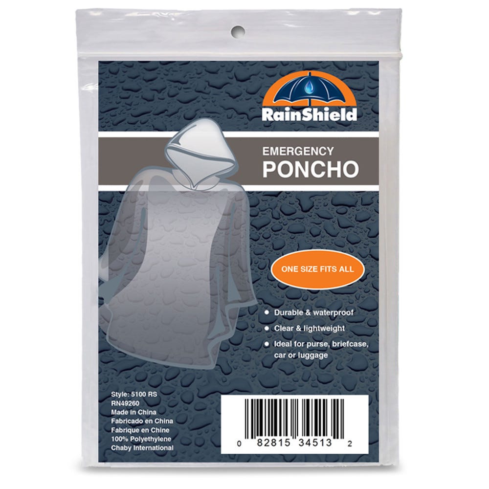 Chaby International Emergency Rain Poncho, Lightweight & Waterproof, Clear, One Size Fits All