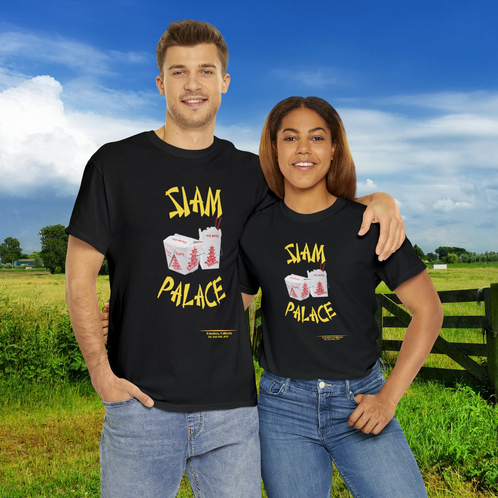 "DirkyThreadz Siam Palace T-Shirt – Mutiges Take-out-Grafikdesign aus schwarzer Baumwolle"