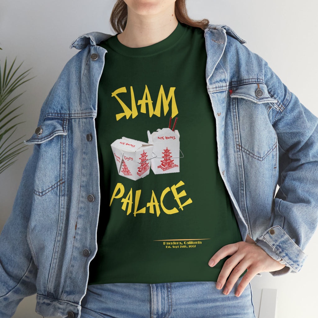 "DirkyThreadz Siam Palace T-Shirt – Mutiges Take-out-Grafikdesign aus schwarzer Baumwolle"