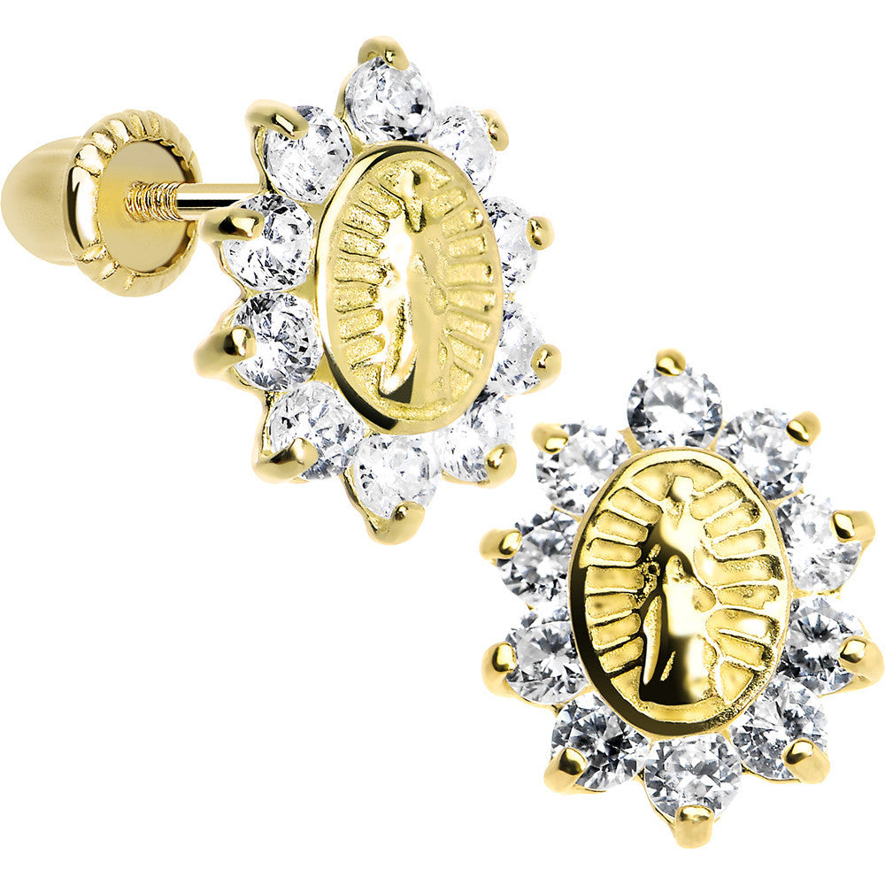 14K Yellow Gold Clear CZ Lady of Guadalupe Youth Screwback Earrings