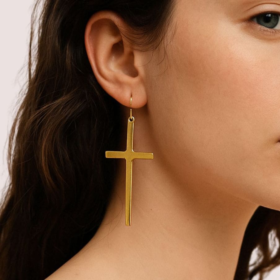 Smooth Brass Cross Drop Earrings for Men & Women | Cross