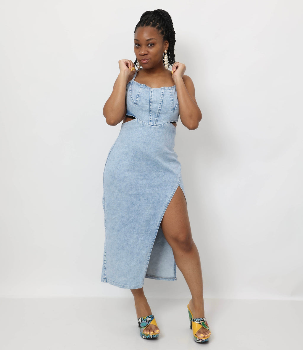 Cutout Slit Spaghetti Strap Denim Dress