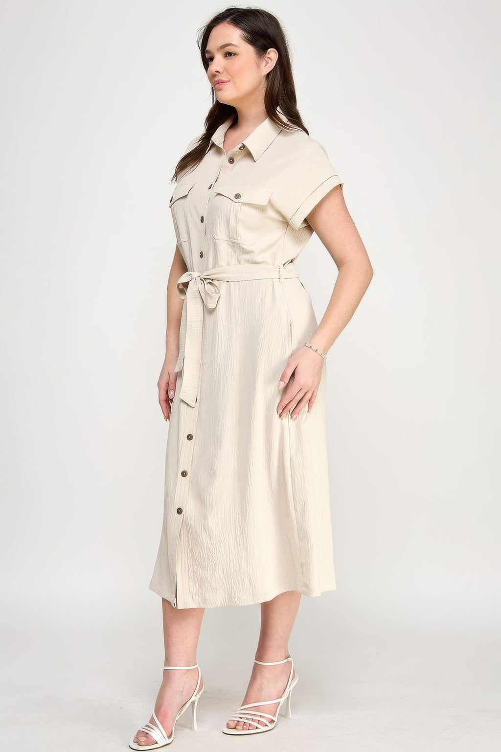Front Tied Buttoned Short Sleeve Dress
