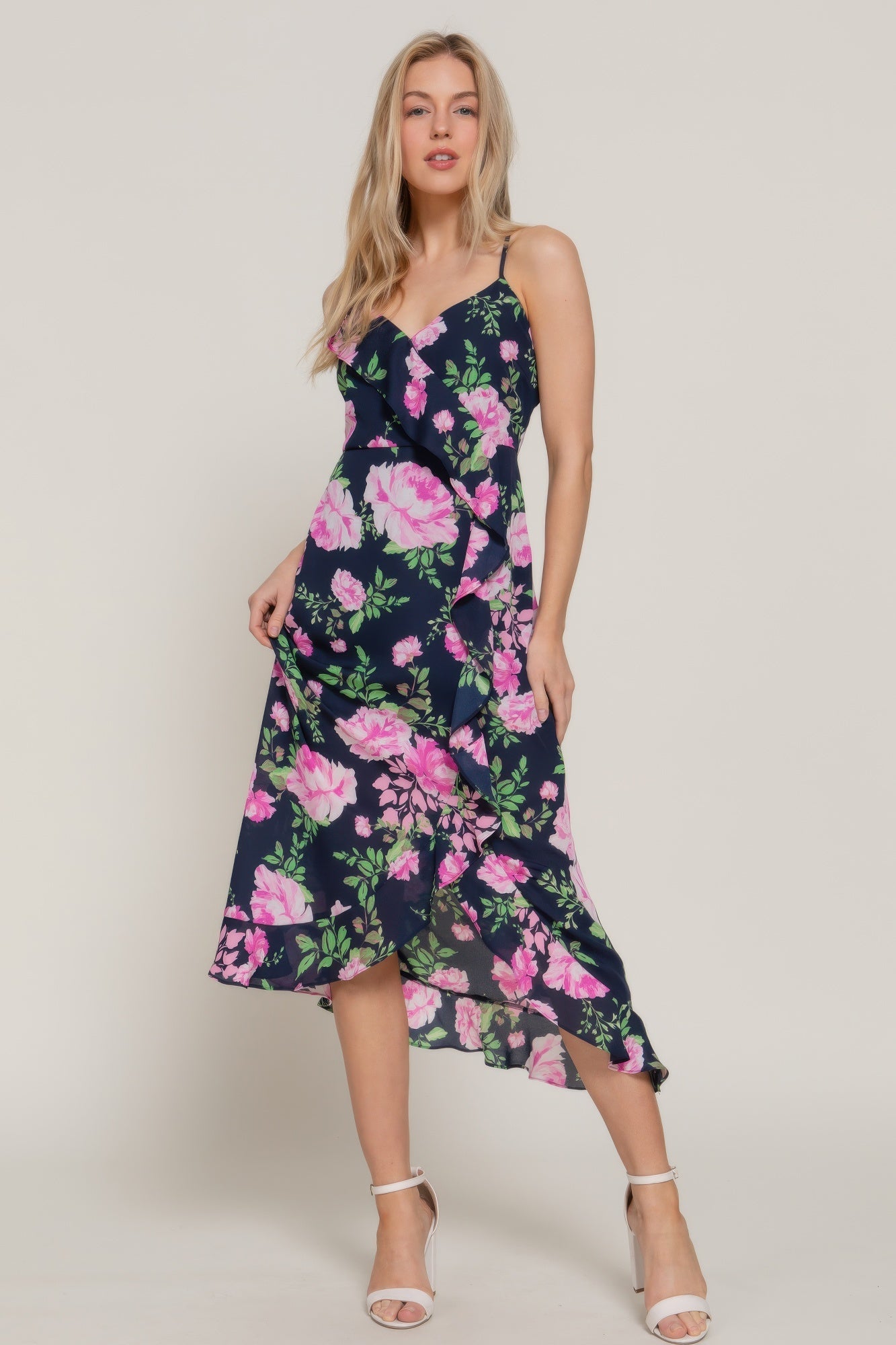 Floral Print Ruffle Slip Midi Dress