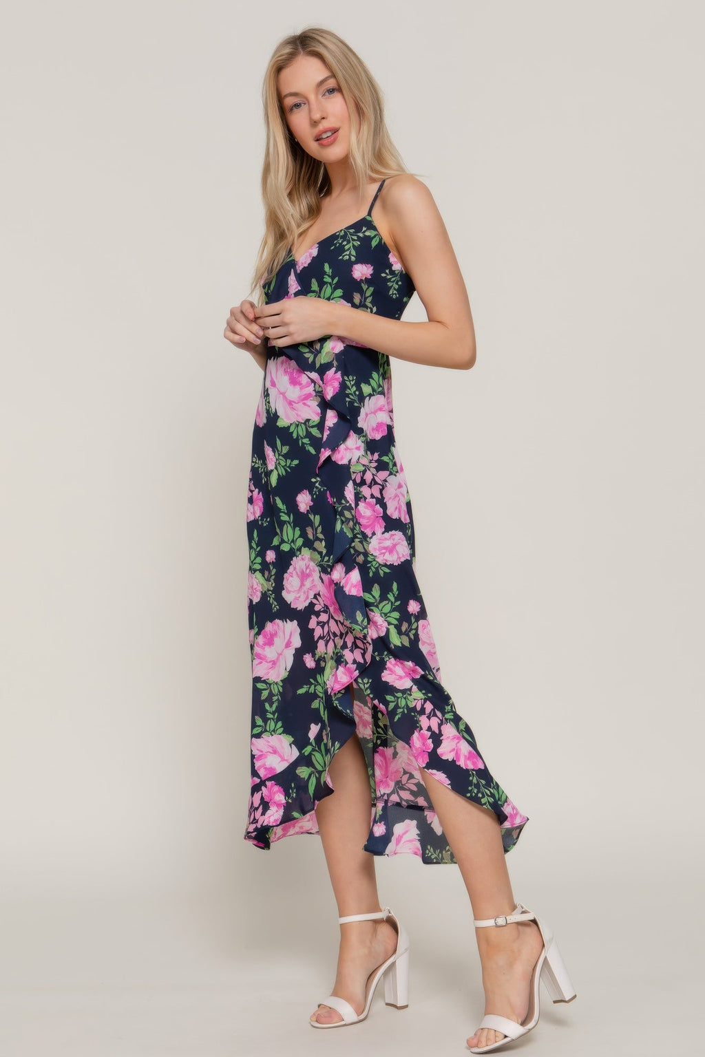 Floral Print Ruffle Slip Midi Dress