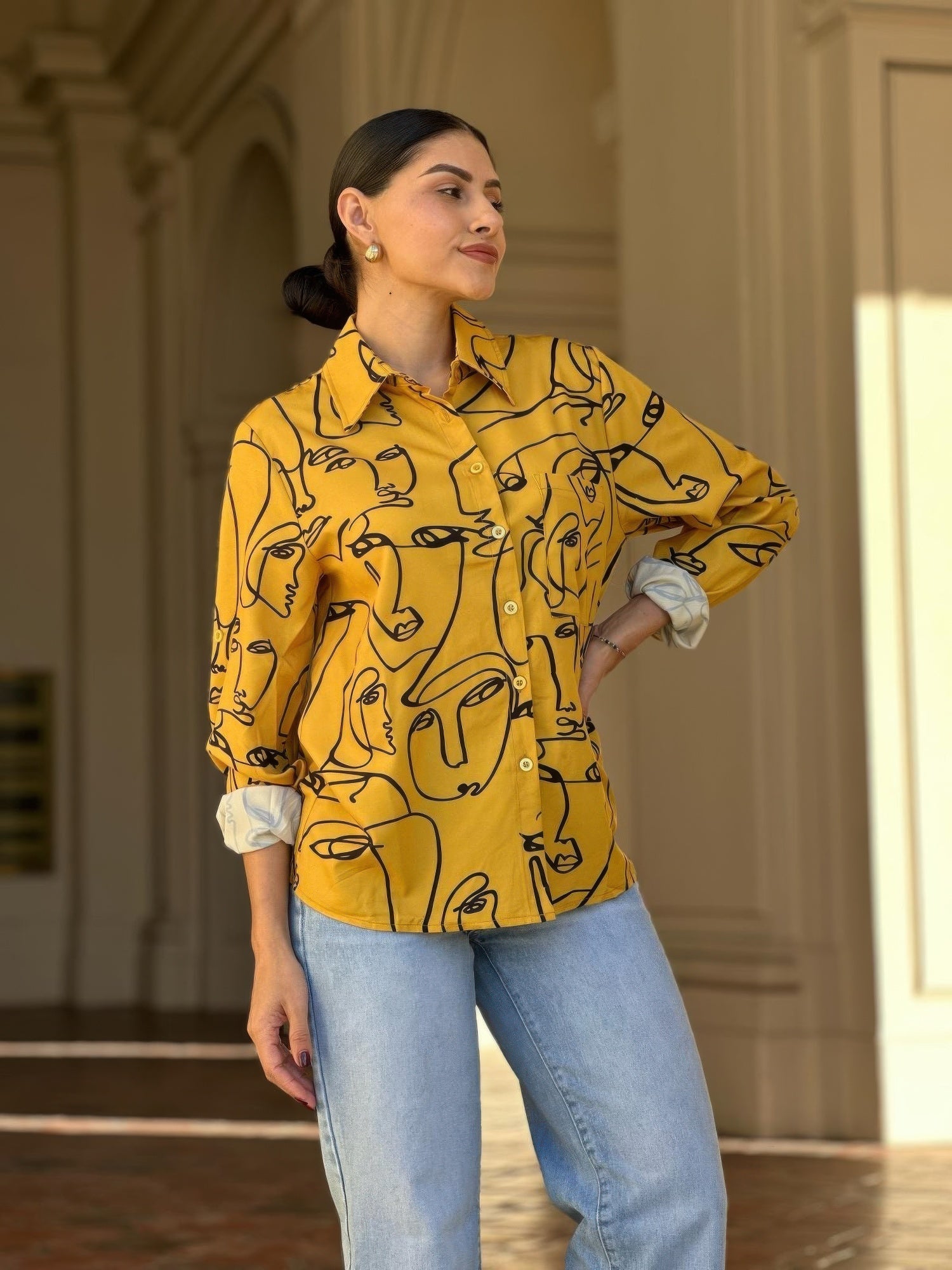 Face Print Long Sleeve Button Down Blouse