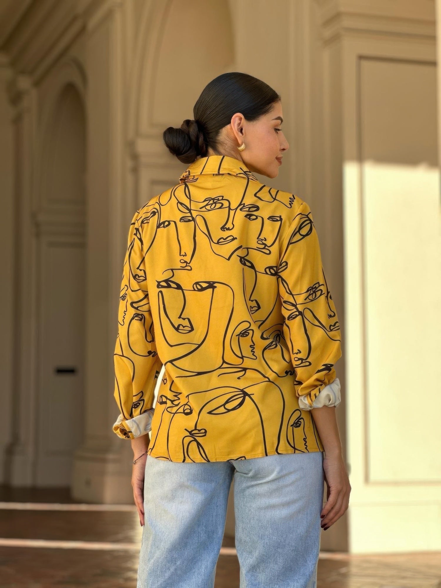 Face Print Long Sleeve Button Down Blouse