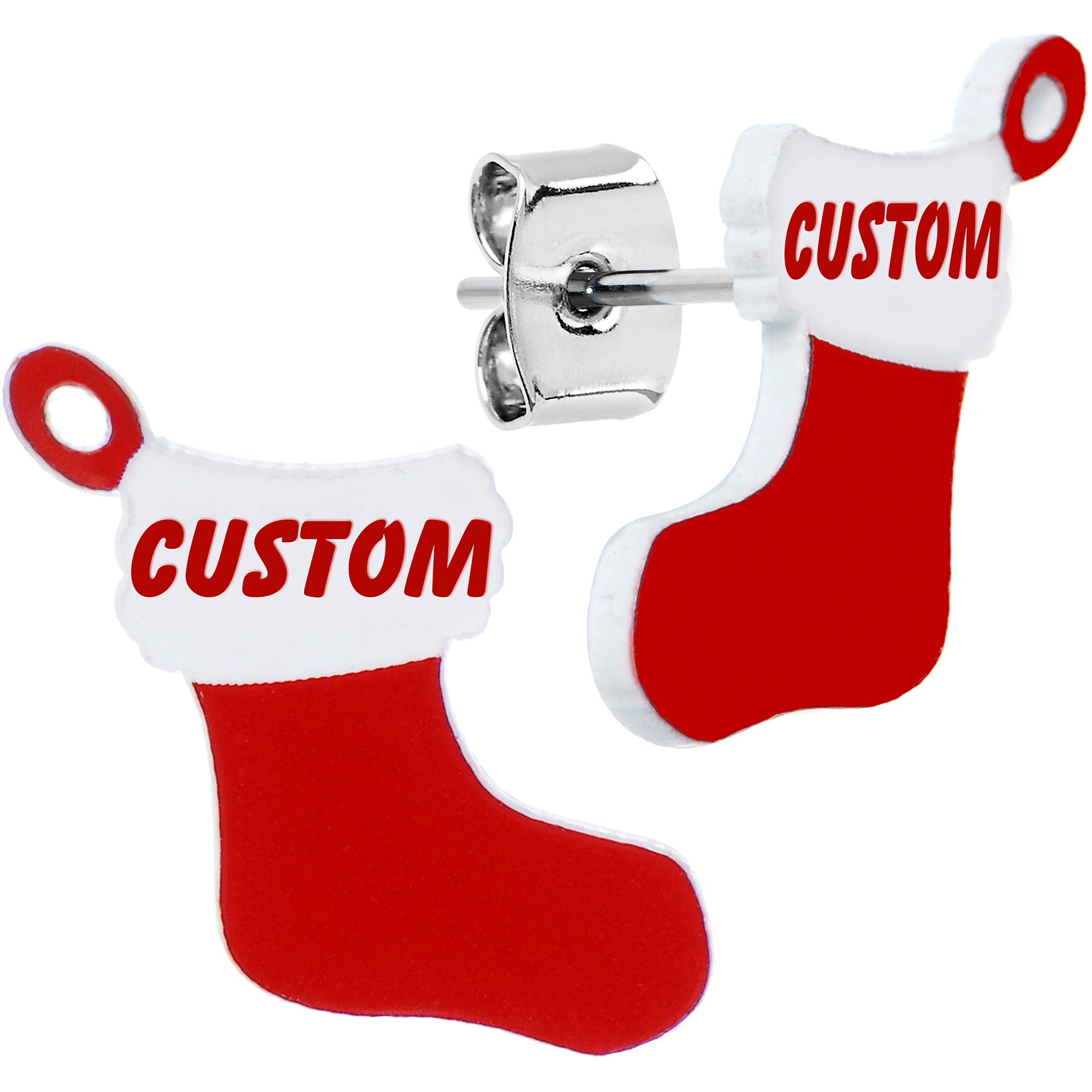 Custom Holiday Christmas Stocking Personalized Name Stud Earrings