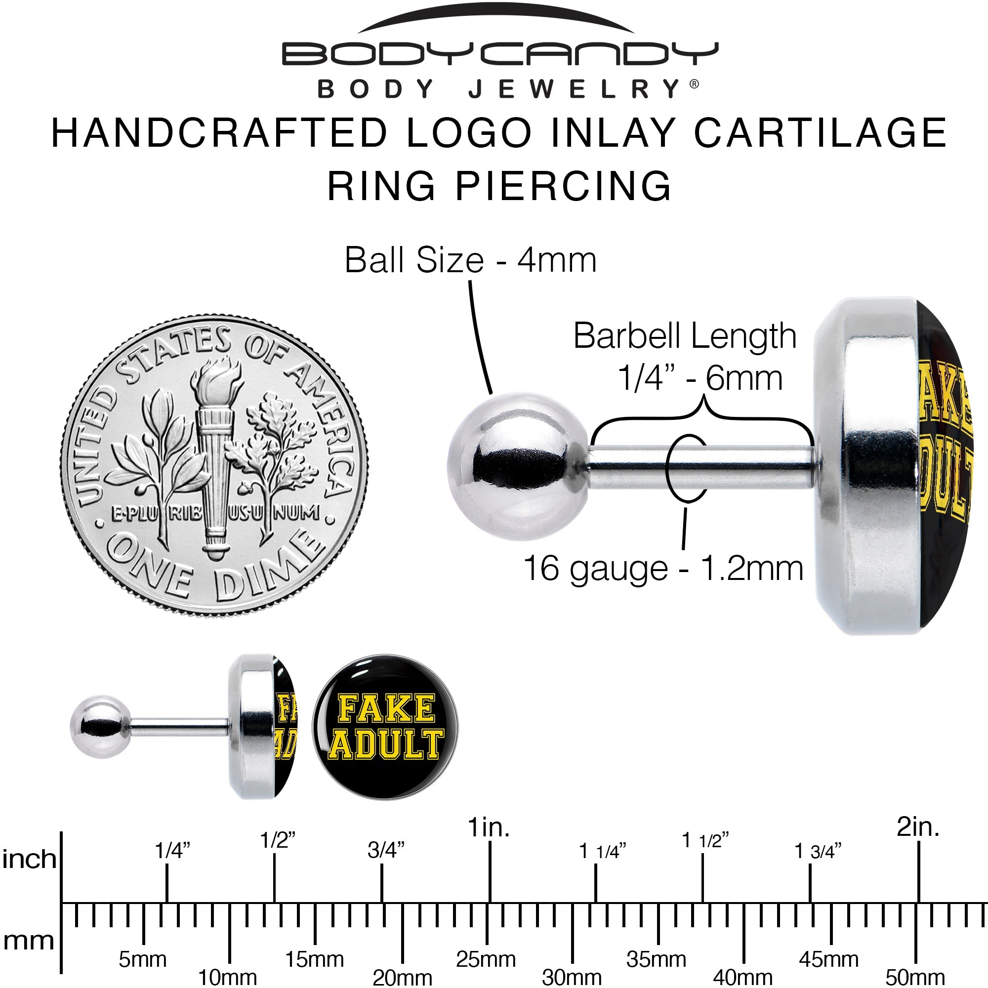 16G 1/4 Black Yellow Fake Adult Tragus Cartilage Earring by Onyx O