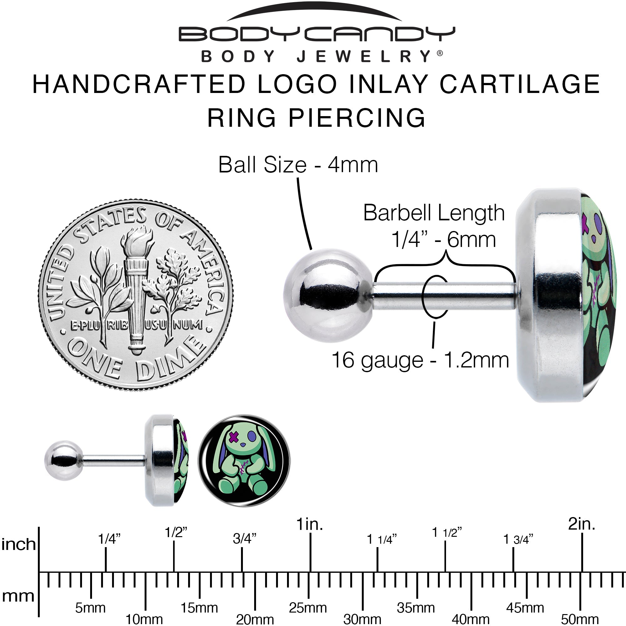 16G 1/4 Zombie Bunny Tragus Cartilage Earring by Onyx O