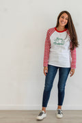 Red/White Stripe  ADULT Unisex  Long Sleeve Raglan Shirt - SALE