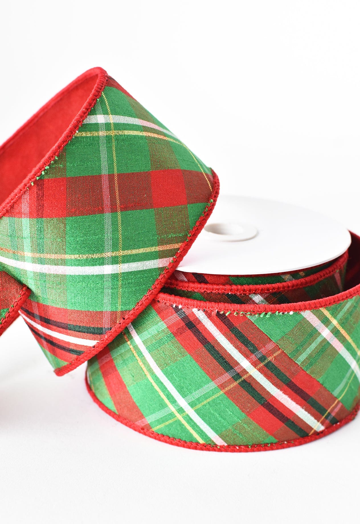 2.5" x 10yd Red + Green Plaid Dupioni Ribbon
