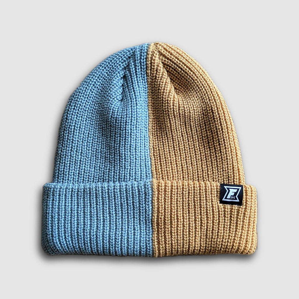 2-Tone Split Color Beanie - Mineral Blue/Tan