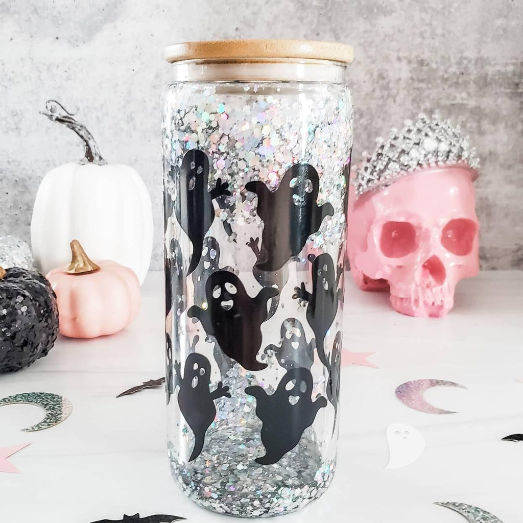 Friendly Ghosts Halloween Snowglobe Glitter Iced Coffee Cup