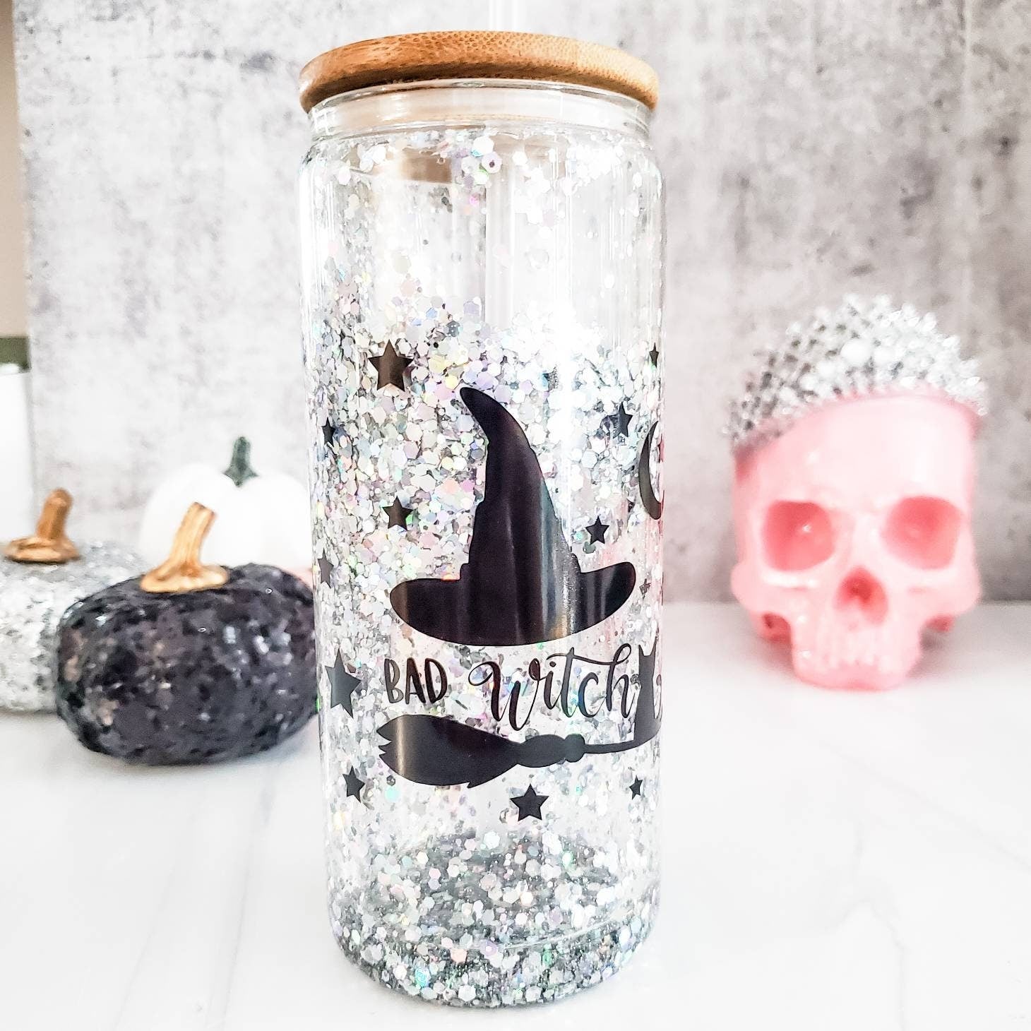 Friendly Ghosts Halloween Snowglobe Glitter Iced Coffee Cup