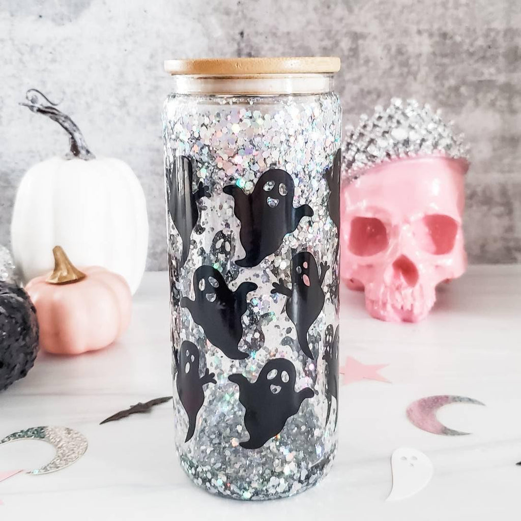 Friendly Ghosts Halloween Snowglobe Glitter Iced Coffee Cup