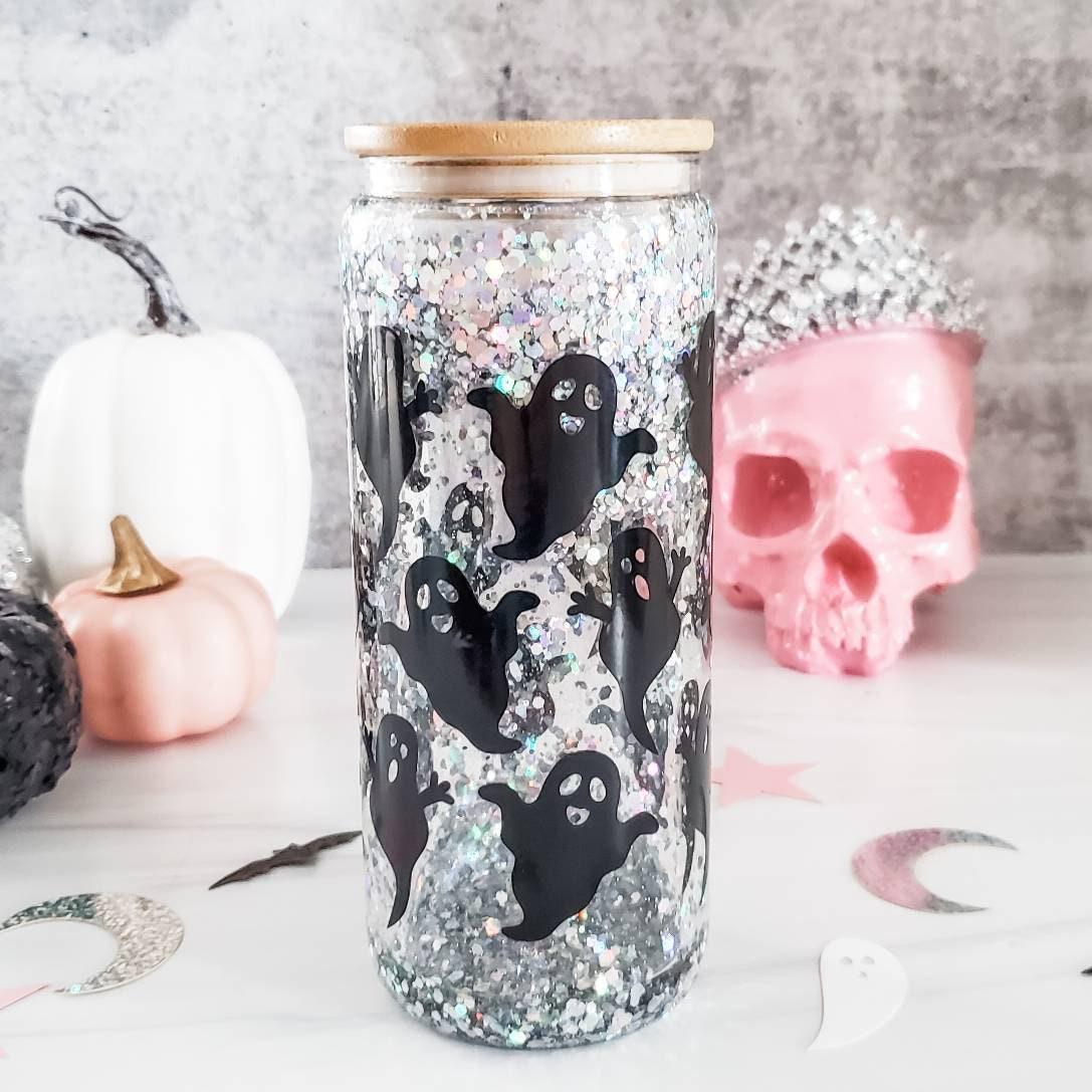 Friendly Ghosts Halloween Snowglobe Glitter Iced Coffee Cup