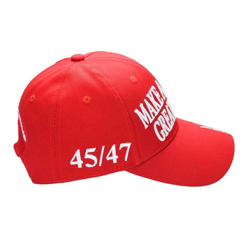 MAGA Baseball Cap with Silver Trump Signature Bill ‒ Patriotic Red Snapback Hat for Men & Women / Trump 45-47