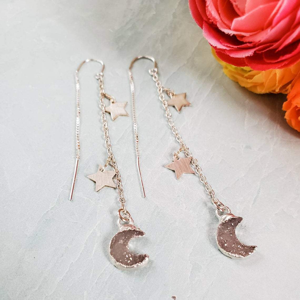 Mond- und Stern-Druzy-Durchziehohrringe