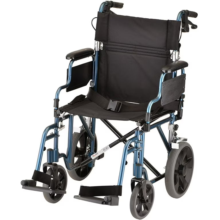 NOVA Lightweight Transport Wheelchair, 12" Rear Wheels, Removable Flip-Up Arms, Anti-Tippers Included, Blue