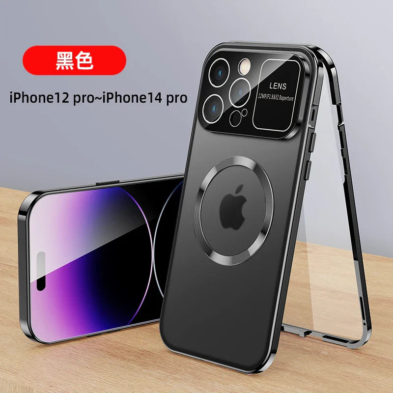 For iPhone 16 15 14 13 12 Pro Max Large Window Lens Protection Aluminum Metal Magnetic Case