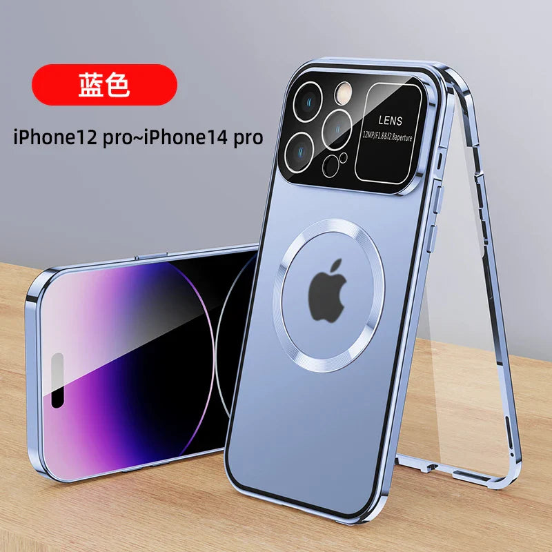 For iPhone 16 15 14 13 12 Pro Max Large Window Lens Protection Aluminum Metal Magnetic Case