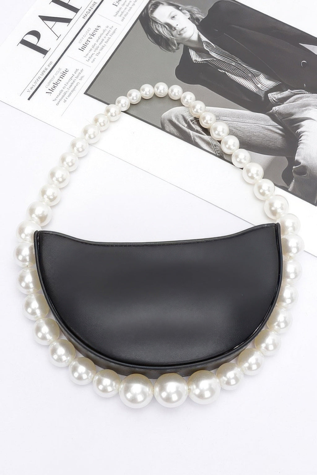 Faux Pearl Handle Half Moon Bag
