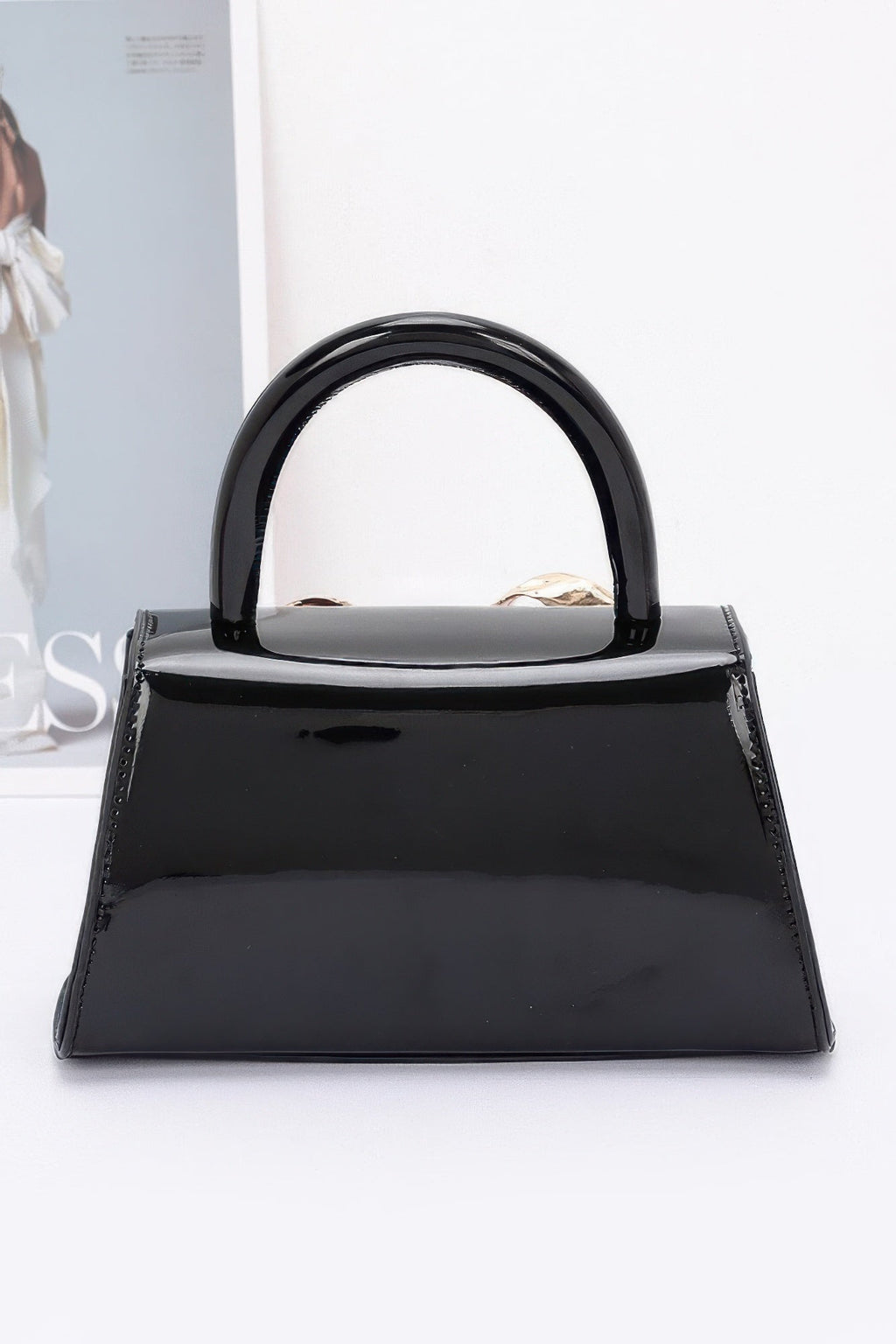 Faux Leather Metal Ribbon Top Handle Bag