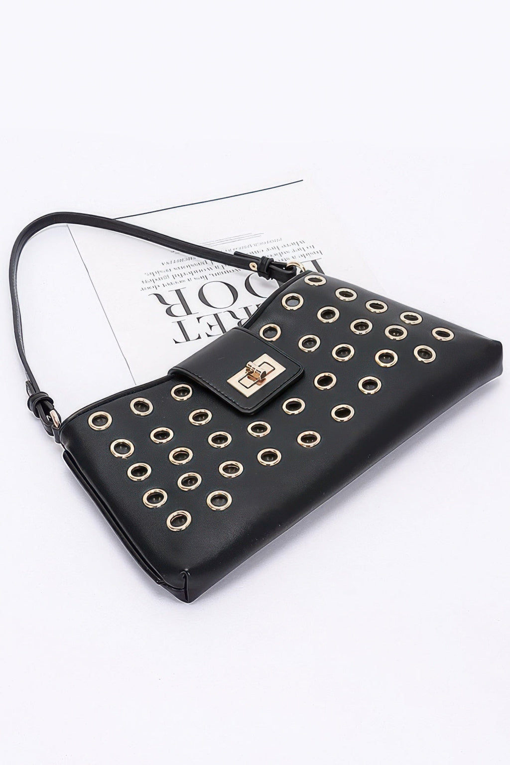 Faux Leather Eyelet Studded Shoulder Bag