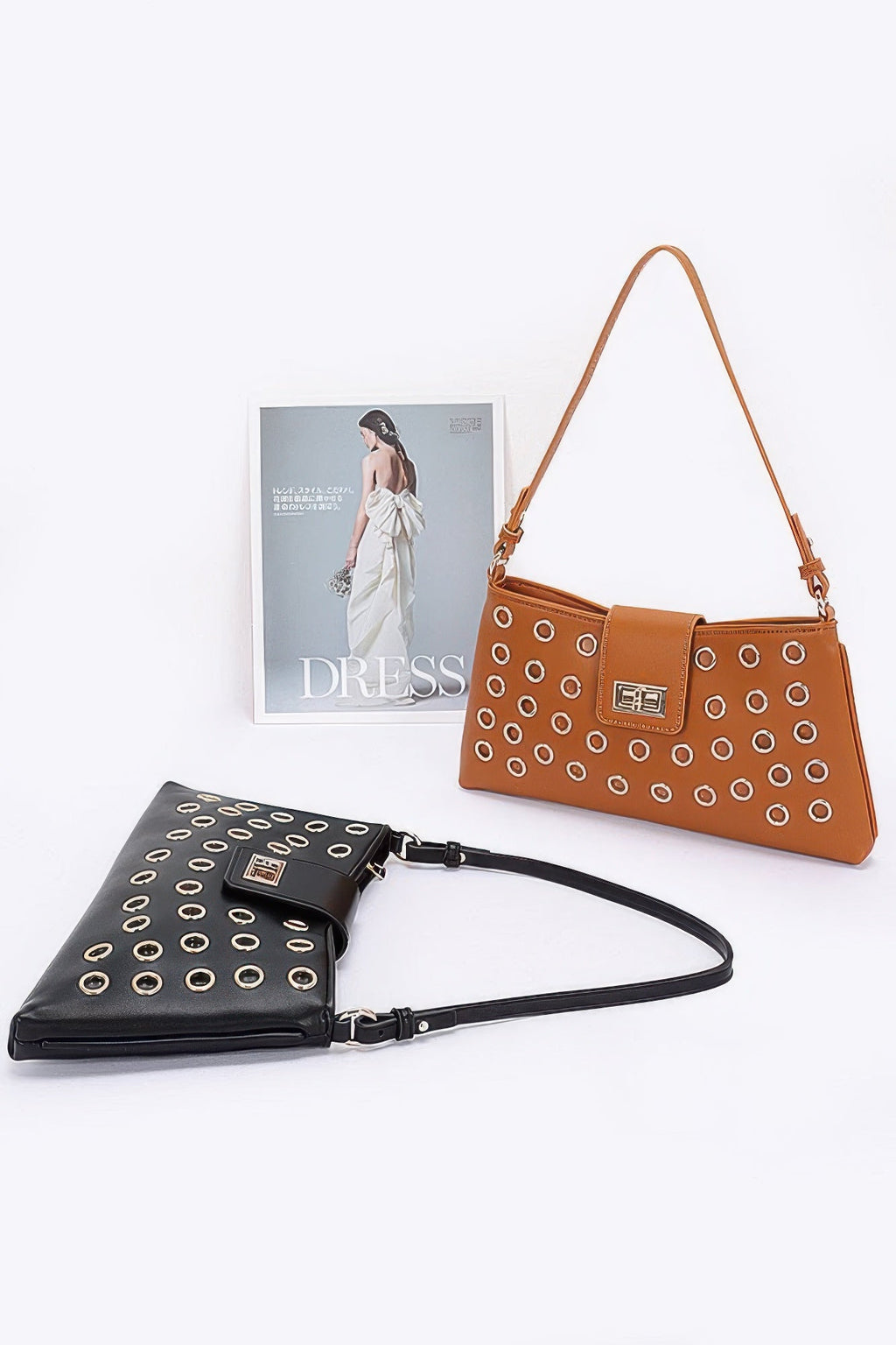 Faux Leather Eyelet Studded Shoulder Bag
